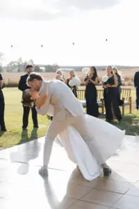 Bride and groom kissing during their first dance at Scrub HIll, Victoria
